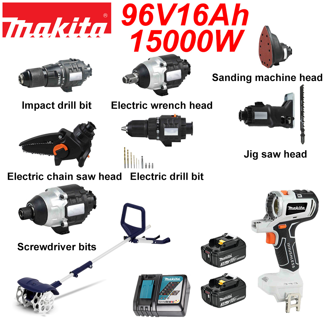 Brushless motor*1+tillage machine*1+electric drill*1+wrench head*1+electric impact drill*1+electric chain saw head*1+screwdriver head*1+sanding machine head*1+curve saw head*1+batteries*2+charger*1