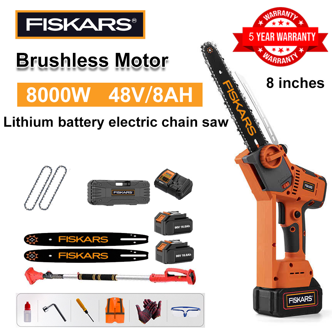 8 Inch Brushless Lithium Electric Saw, 8000W Power, 48V 8.0Ah Battery*2, Charger, Guide Plate*2, Chain*2, Tool Box, Lubricant & Goggles, Warranty five years(Equipped with Telescopic Pole )