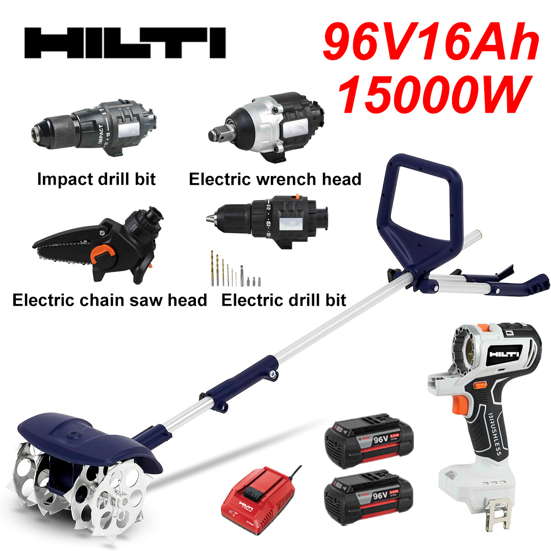 Brushless motor*1+tillage machine*1+electric drill*1+wrench head*1+electric impact drill*1+electric chain saw head*1+batteries*2+charger*1